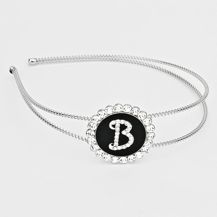 Madeline Love ~B~, Black, Clear, Silver -B- Crystal Accented Initial Monogram Headband - Hair Accessories