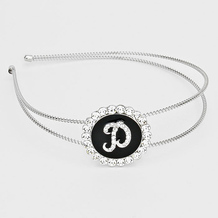 Madeline Love ~D~, Black, Clear, Silver -D- Crystal Accented Initial Monogram Headband - Hair Accessories