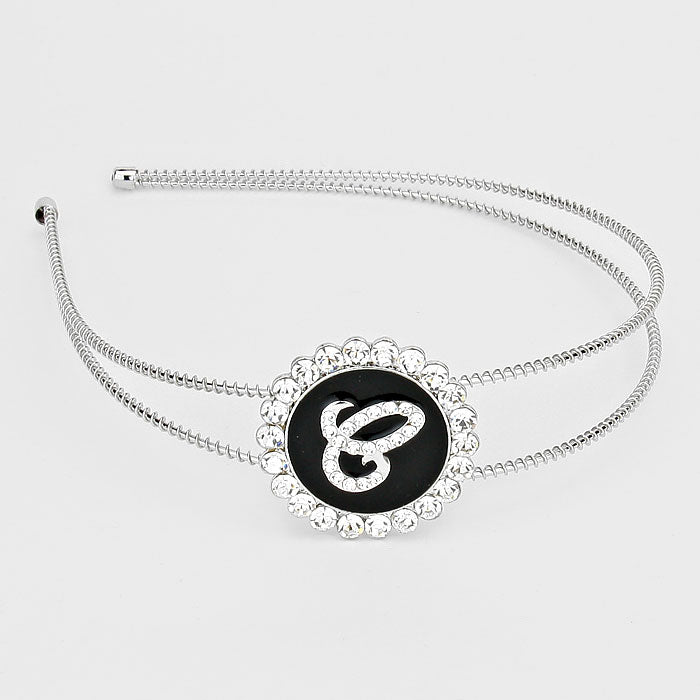 Madeline Love ~E~, Black, Clear, Silver -E- Crystal Accented Initial Monogram Headband - Hair Accessories