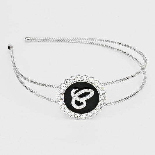 Madeline Love ~E~, Black, Clear, Silver -E- Crystal Accented Initial Monogram Headband - Hair Accessories