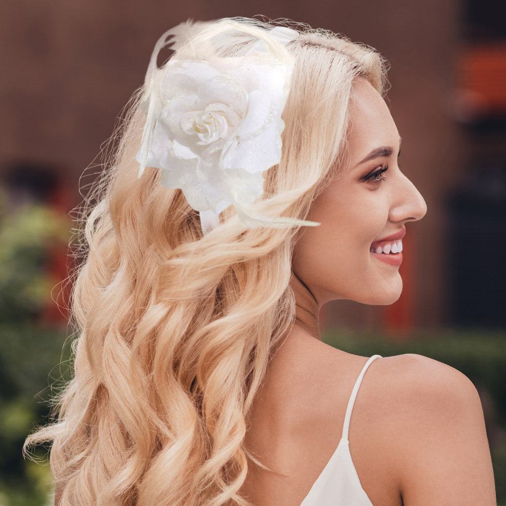 Madeline Love White Mesh Fabric Flower Feather Headband - Hair Accessories