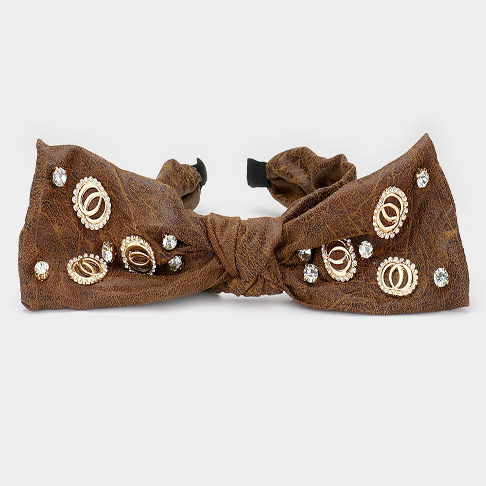 Madeline Love Brown Stone Embellished Open Metal Circle Link Bow Headband - Hair Accessories