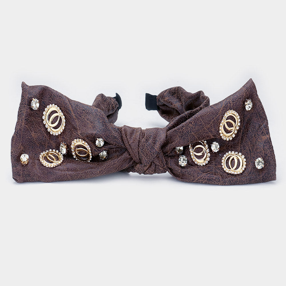 Madeline Love Dark Brown Stone Embellished Open Metal Circle Link Bow Headband - Hair Accessories