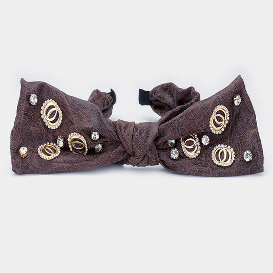 Madeline Love Dark Brown Stone Embellished Open Metal Circle Link Bow Headband - Hair Accessories