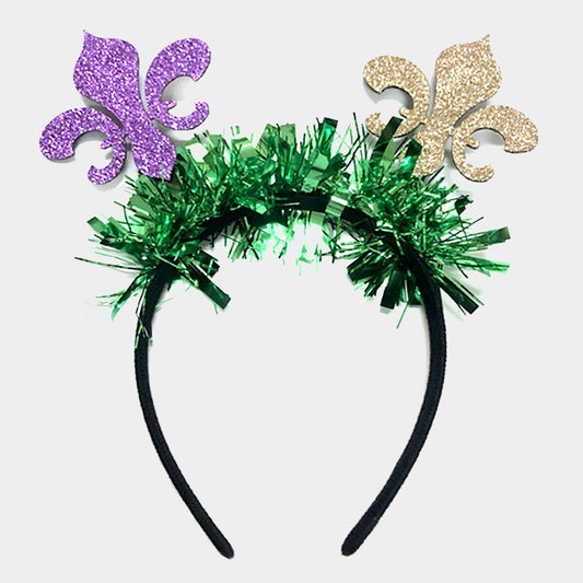 Multi, Purple Mardi Gras Glittered Fleur de Lis Headband