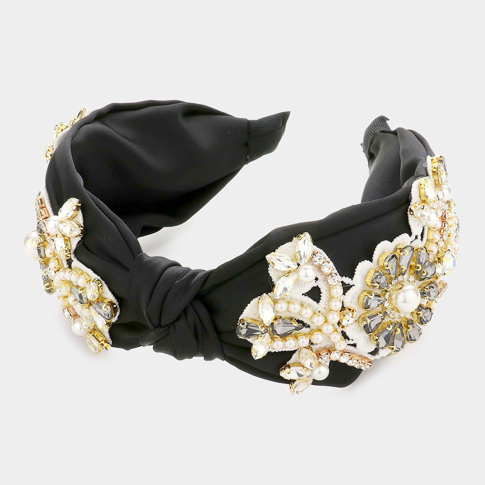 Madeline Love Black Pearl Stone Embellished Flower Burnout Knot Headband - Hair Accessories