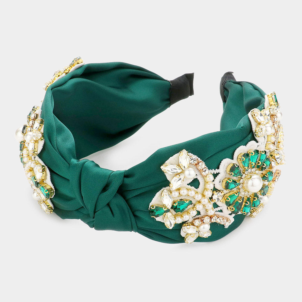 Madeline Love Green Pearl Stone Embellished Flower Burnout Knot Headband - Hair Accessories