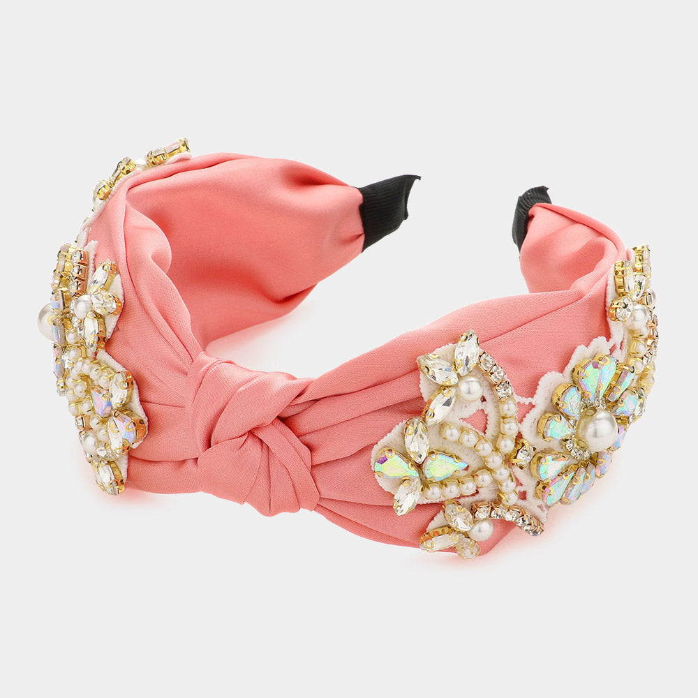 Madeline Love Pink Pearl Stone Embellished Flower Burnout Knot Headband - Hair Accessories