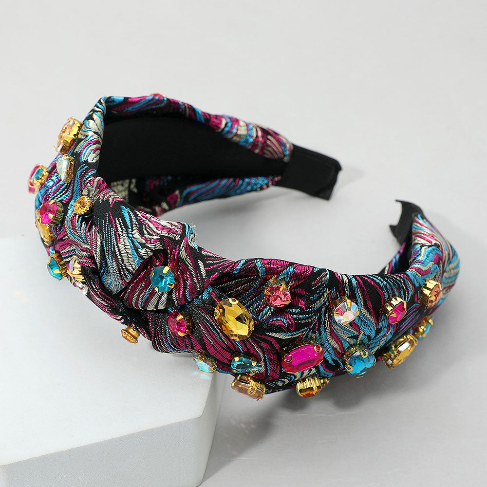 Madeline Love Black, Multi Oval Round Stone Cluster Embellished Jacquard Knot Headband - Hair Accessories
