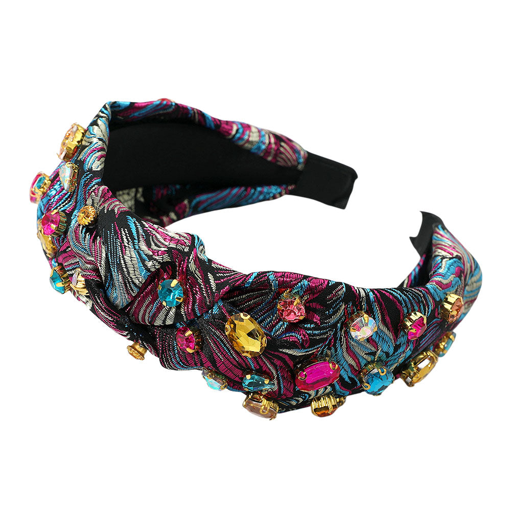 Madeline Love Black, Multi Oval Round Stone Cluster Embellished Jacquard Knot Headband - Hair Accessories - desc