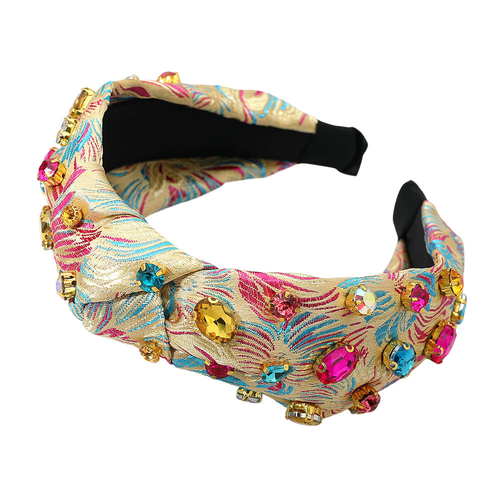 Madeline Love Multi, Neutral Oval Round Stone Cluster Embellished Jacquard Knot Headband - Hair Accessories - desc