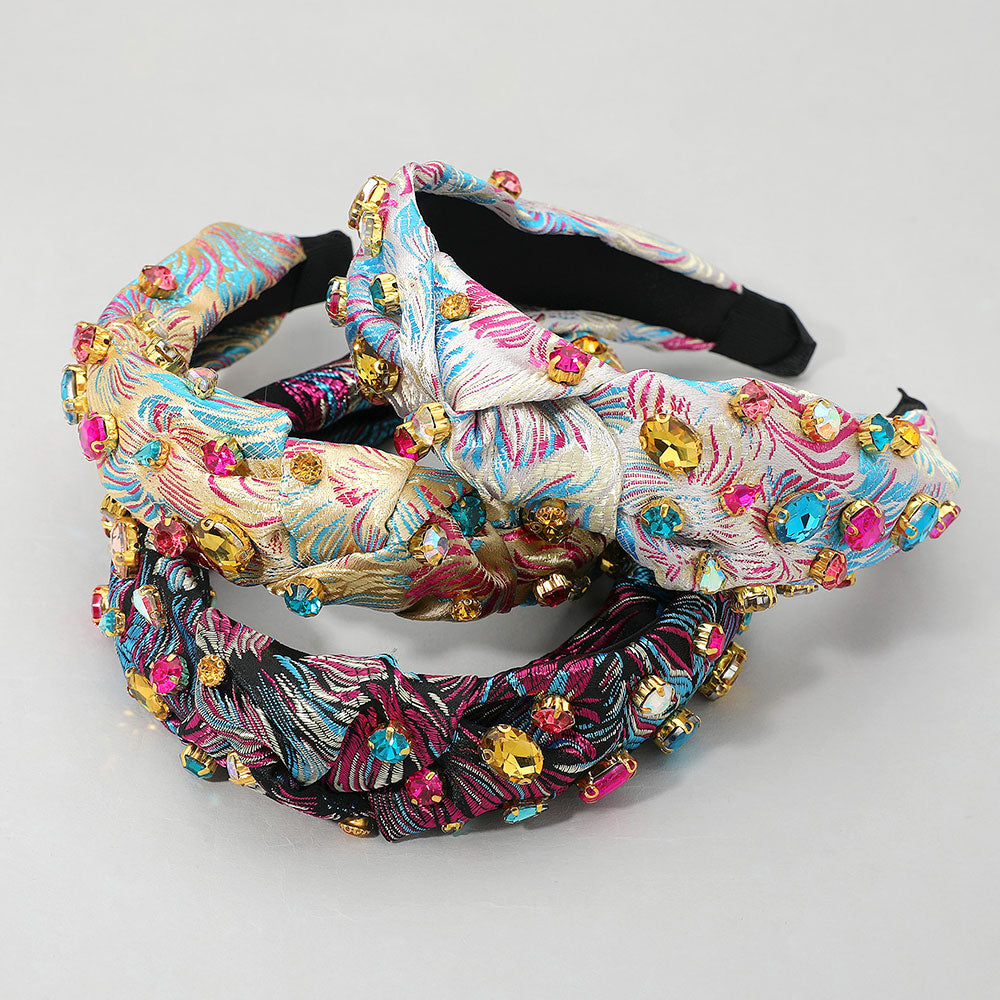 Madeline Love Multi, Neutral Oval Round Stone Cluster Embellished Jacquard Knot Headband - Hair Accessories - extra