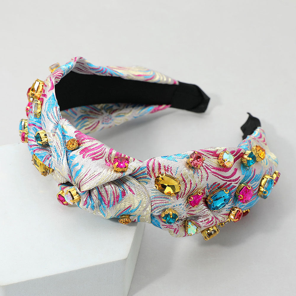 Madeline Love Multi, White Oval Round Stone Cluster Embellished Jacquard Knot Headband - Hair Accessories