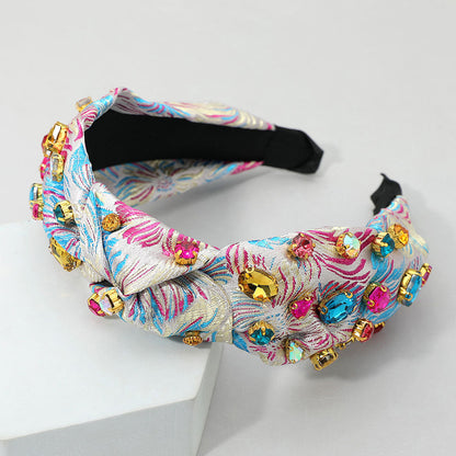 Madeline Love Multi, White Oval Round Stone Cluster Embellished Jacquard Knot Headband - Hair Accessories