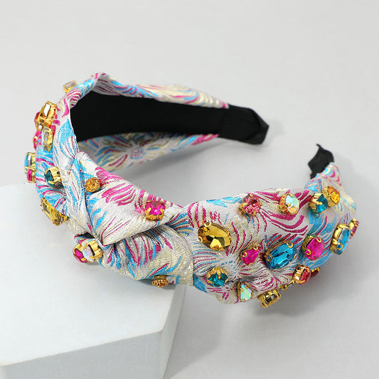 Madeline Love Multi, White Oval Round Stone Cluster Embellished Jacquard Knot Headband - Hair Accessories