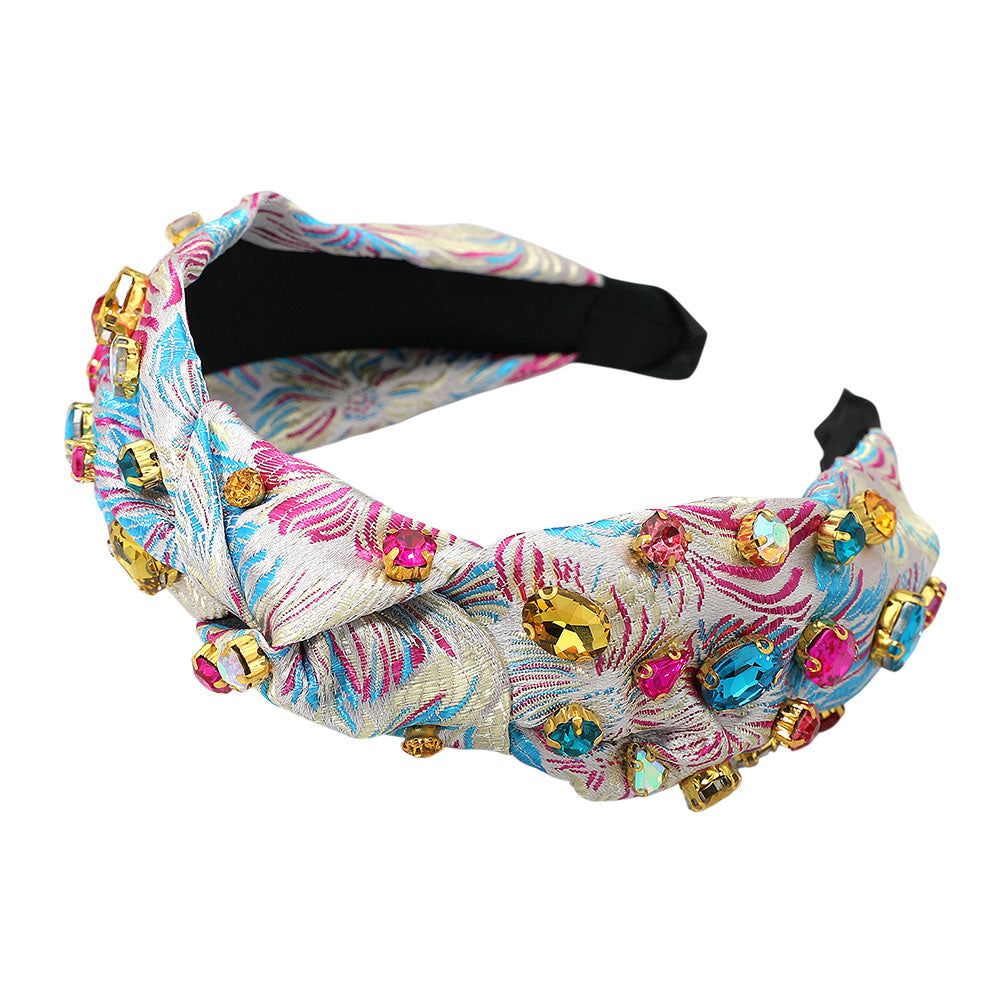 Madeline Love Multi, White Oval Round Stone Cluster Embellished Jacquard Knot Headband - Hair Accessories - desc