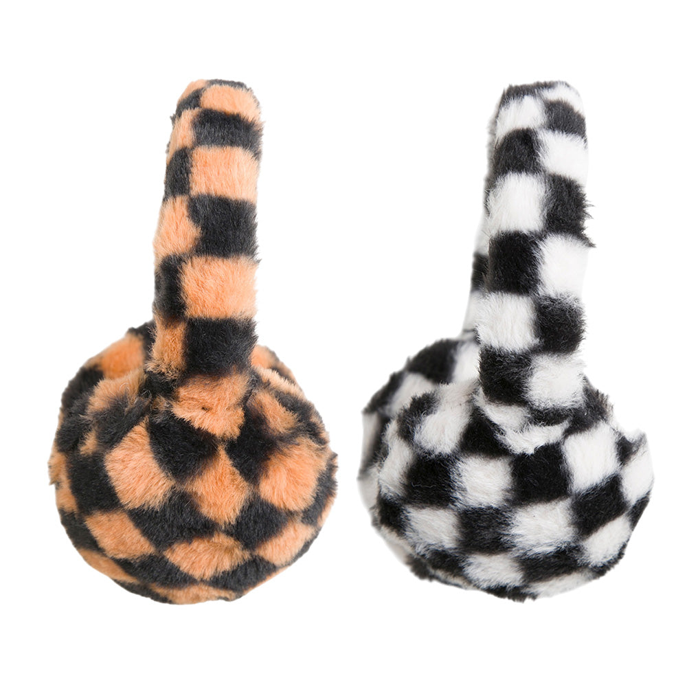 Madeline Love Brown Faux Fur Plush Checkered Earmuffs - Hair Accessories - extra