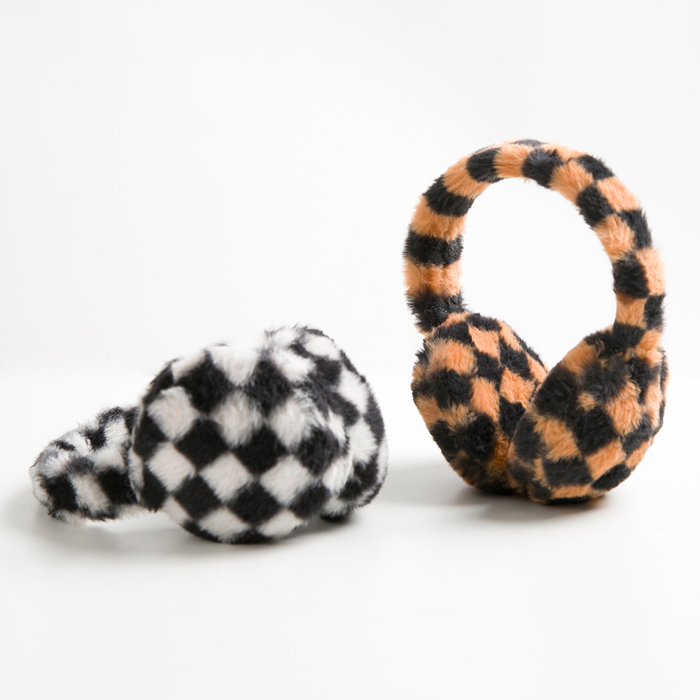 Madeline Love Brown Faux Fur Plush Checkered Earmuffs - Hair Accessories - extra