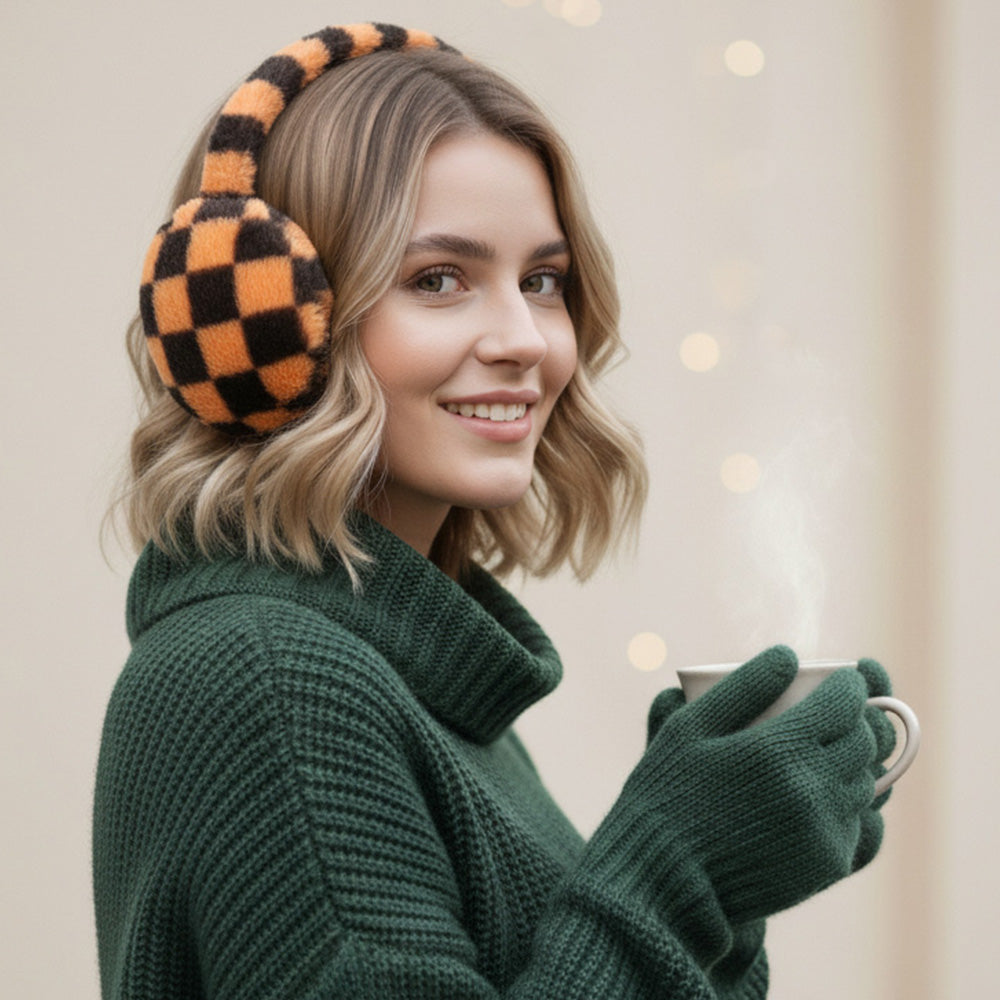 Madeline Love Brown Faux Fur Plush Checkered Earmuffs - Hair Accessories - extra