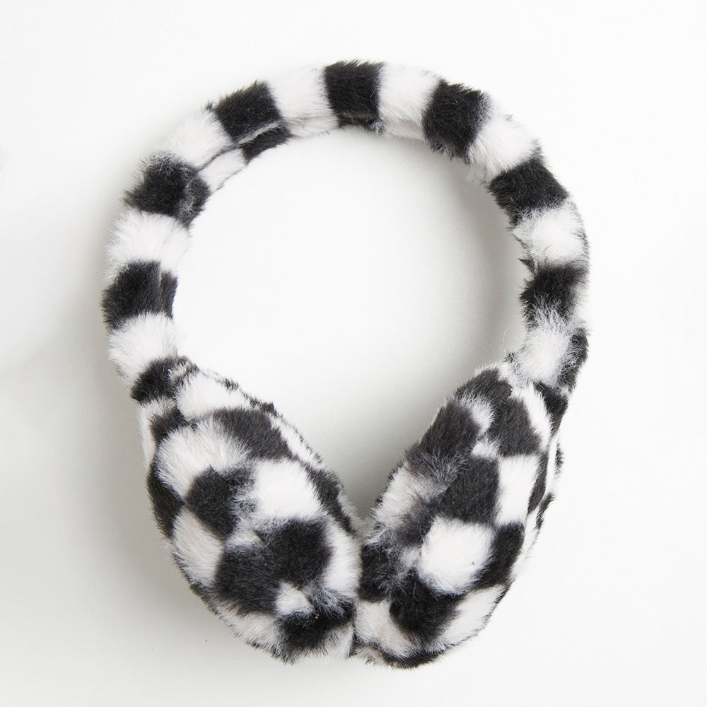 Madeline Love White Faux Fur Plush Checkered Earmuffs - Hair Accessories - desc