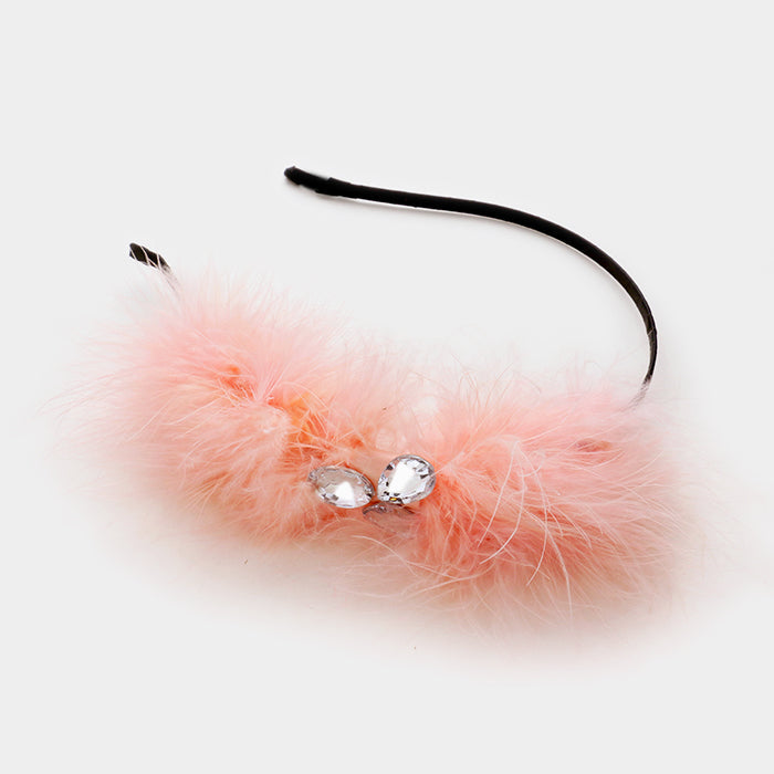 Madeline Love Pink, Clear, Black Pom pom fur & crystal headband - Hair Accessories