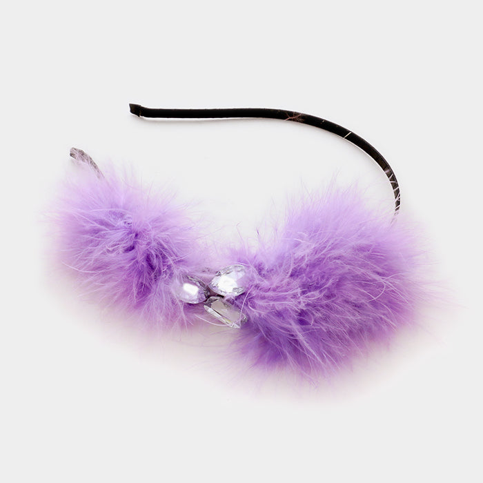 Madeline Love Clear, Black, Purple Pom pom fur & crystal headband - Hair Accessories