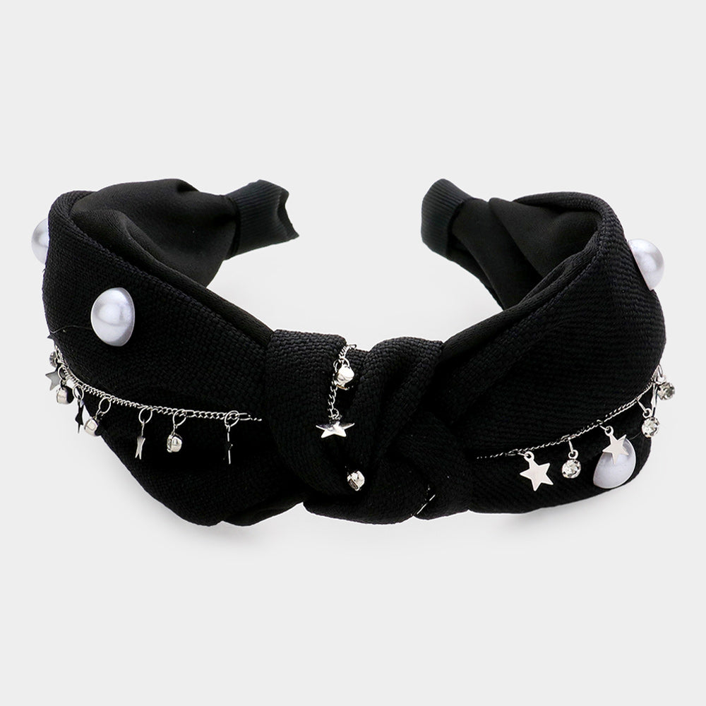 Madeline Love Black Pearl Round Stone Metal Star Embellished Knot Burnout Headband - Hair Accessories