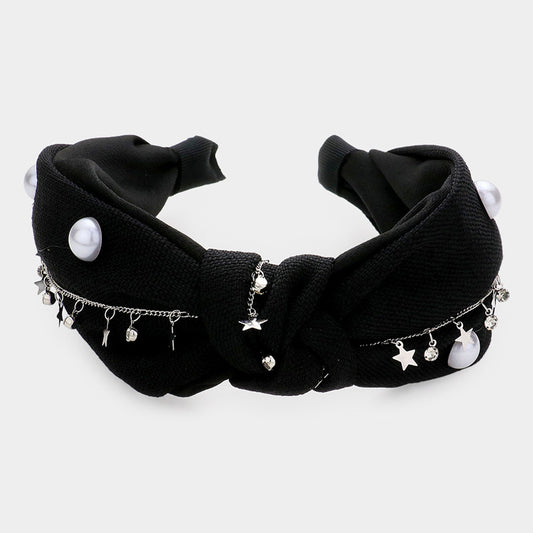 Madeline Love Black Pearl Round Stone Metal Star Embellished Knot Burnout Headband - Hair Accessories