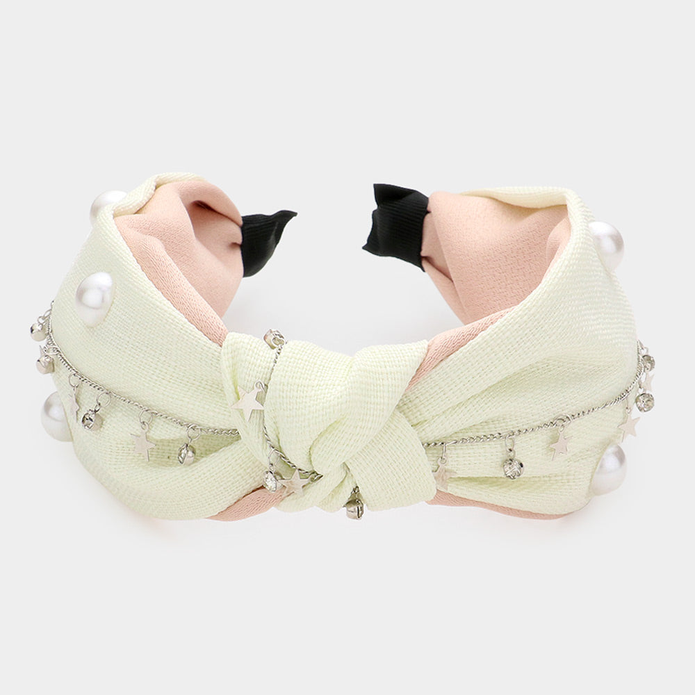 Madeline Love Ivory Pearl Round Stone Metal Star Embellished Knot Burnout Headband - Hair Accessories