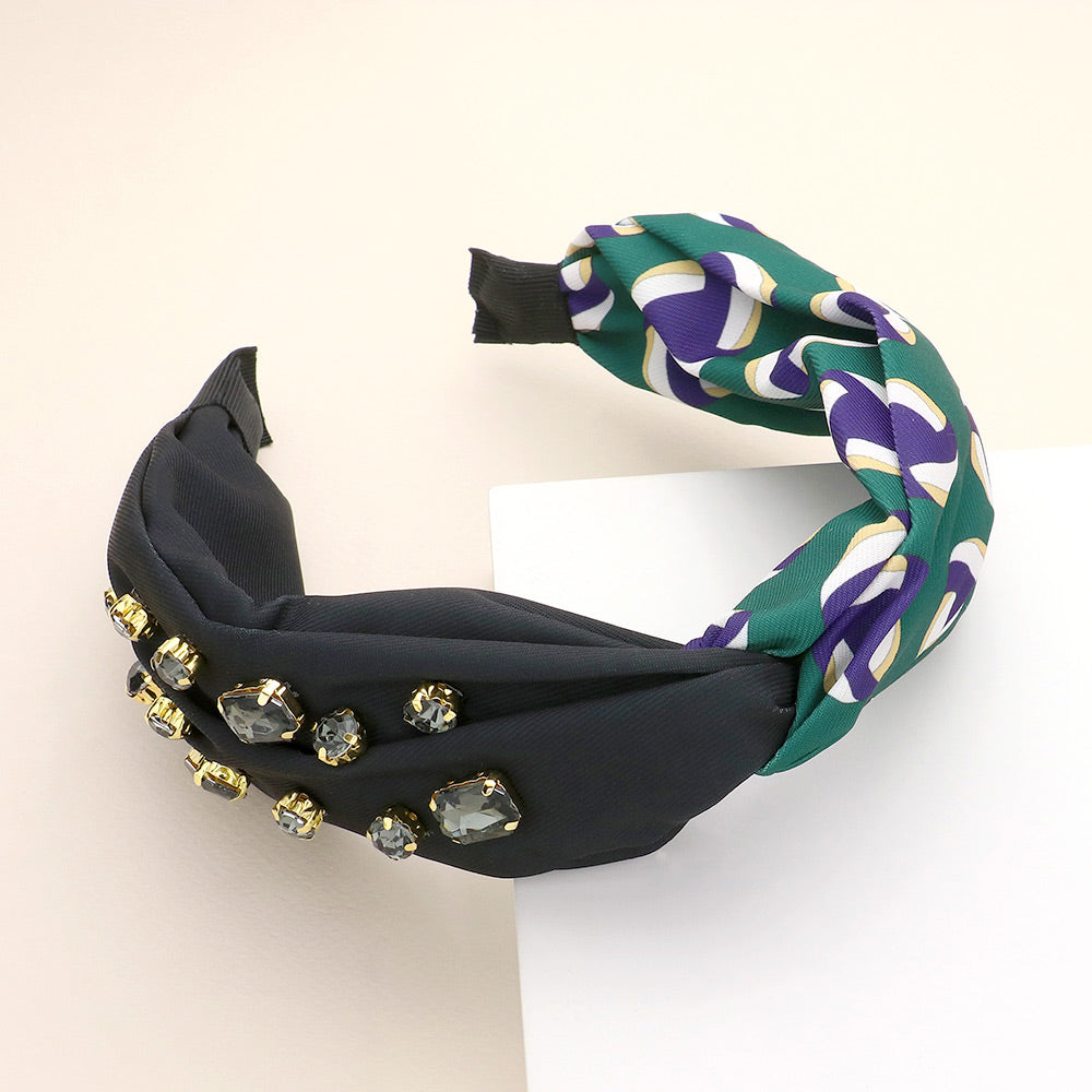 Madeline Love Black, Green Game Day Multi Stone Embellished Volleyball Patterned Twisted Headband - Hair Accessories
