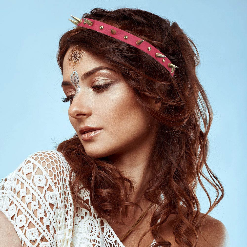 Madeline Love Gold, Pink Metal Spike Studded Faux Leather Stretch Headband - Hair Accessories