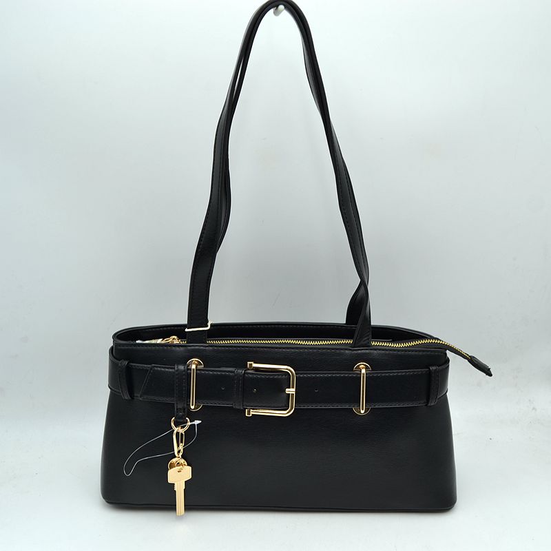 Belted Shoulder Bag with Key Charm Accent - Black - Shoulder Bag