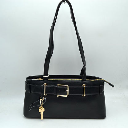 Belted Shoulder Bag with Key Charm Accent - Black - Shoulder Bag