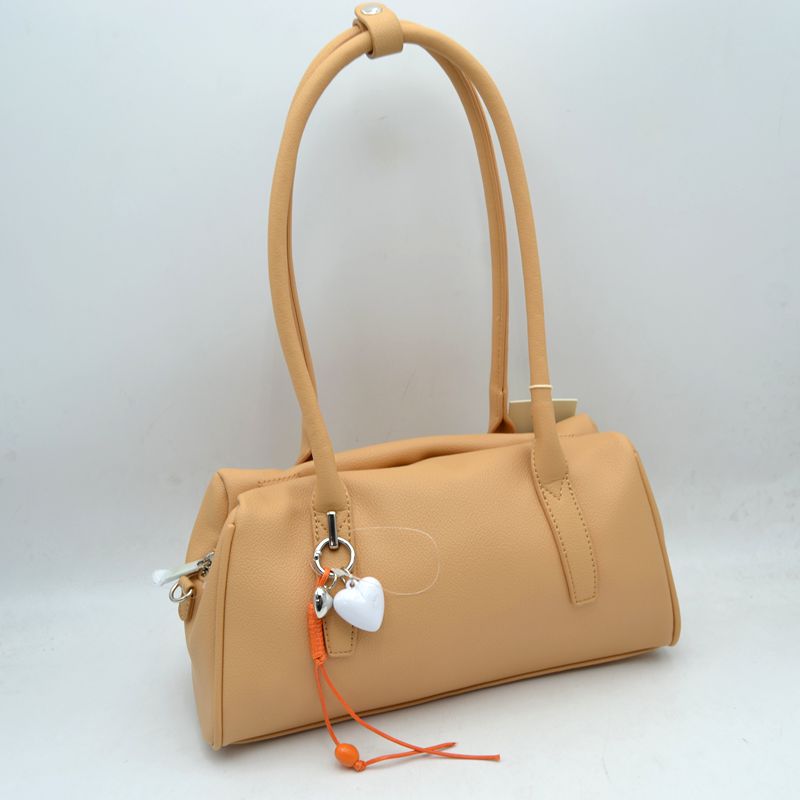 Classic Structured Shoulder Bag with Heart Charm Accent - Khaki - Shoulder Bag