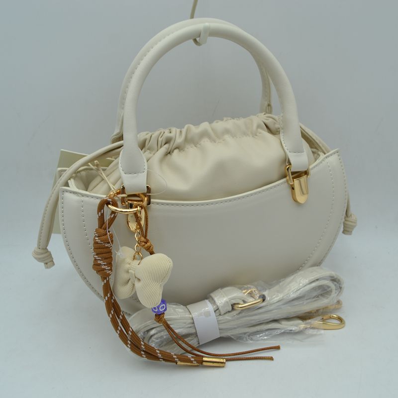 Curved Top Handle Handbag with Drawstring Inner Pouch - Beige - Hand Bag
