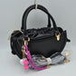Curved Top Handle Handbag with Drawstring Inner Pouch - Black - Hand Bag