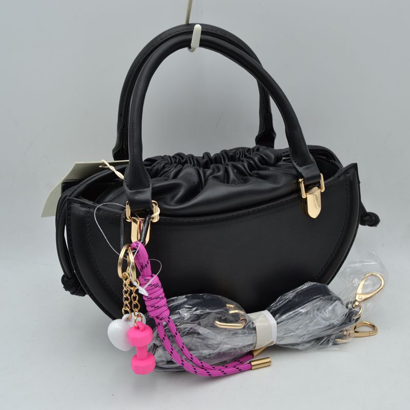 Curved Top Handle Handbag with Drawstring Inner Pouch - Black - Hand Bag