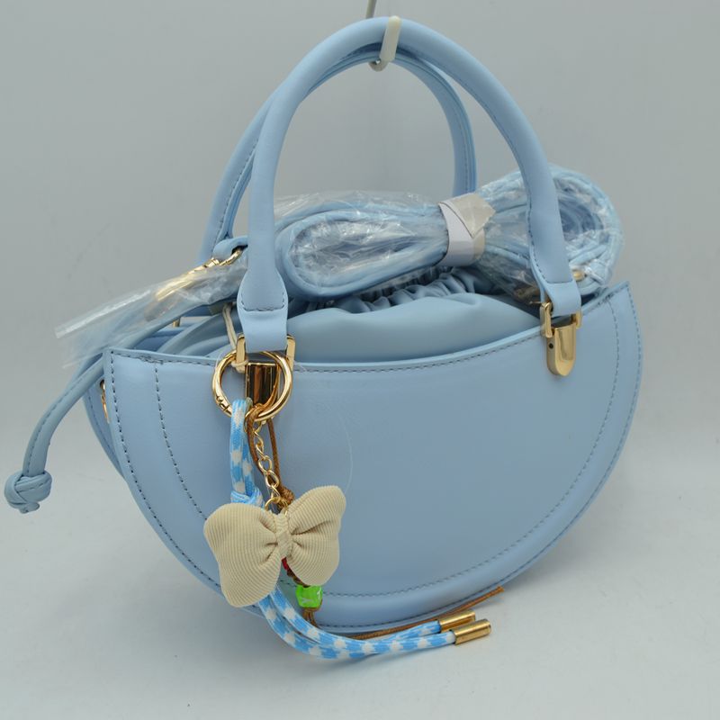 Curved Top Handle Handbag with Drawstring Inner Pouch - Light Blue - Hand Bag