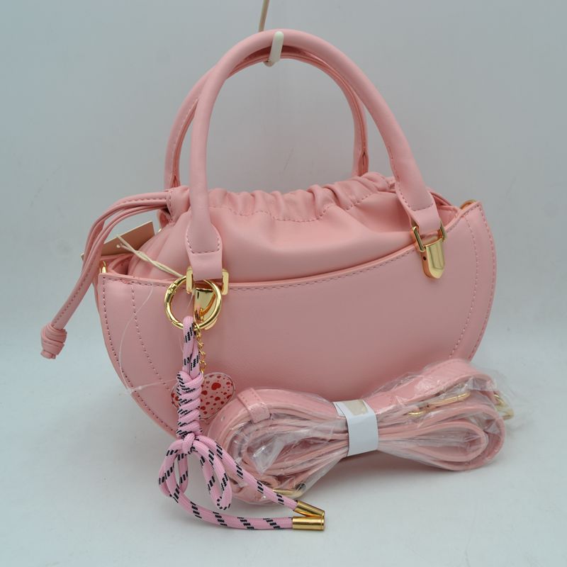 Curved Top Handle Handbag with Drawstring Inner Pouch - Pink - Hand Bag