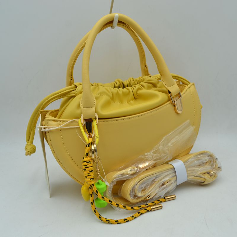Curved Top Handle Handbag with Drawstring Inner Pouch - Yellow - Hand Bag