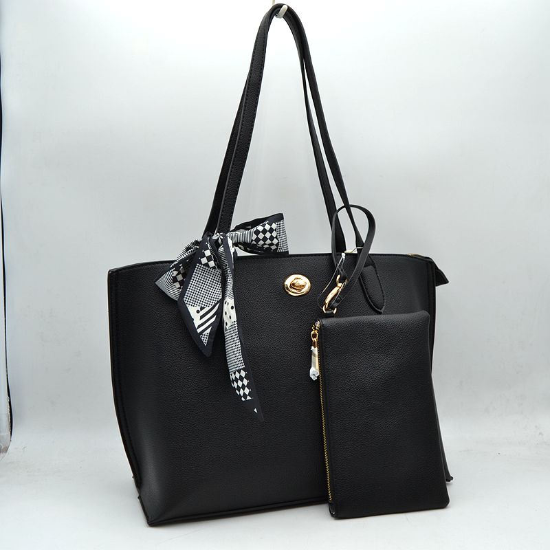 Structured Shoulder Tote Bag with Matching Pouch and Scarf - Taupe - Tote Bag
