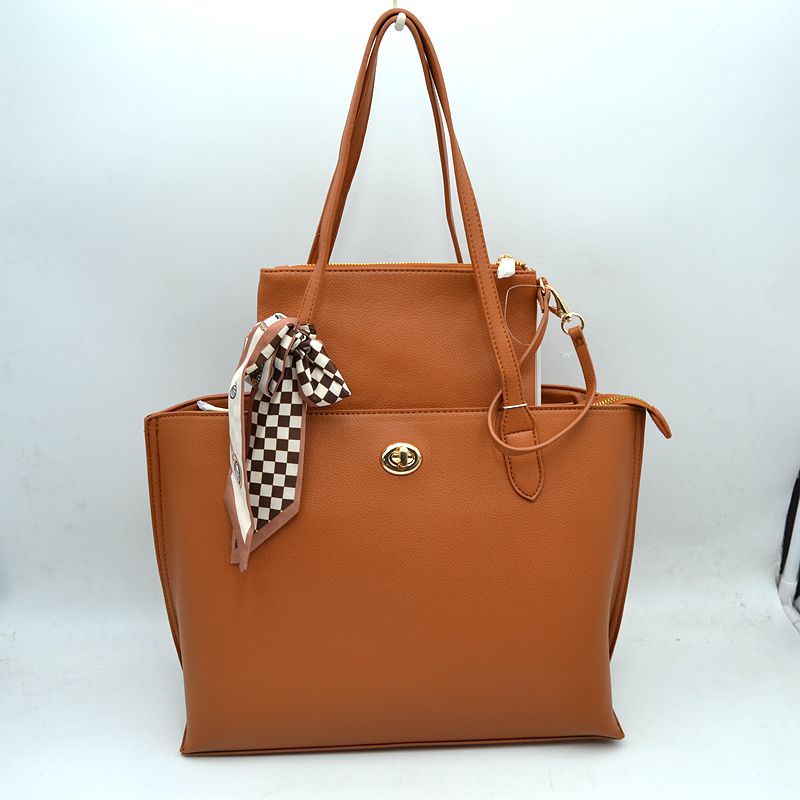 Structured Shoulder Tote Bag with Matching Pouch and Scarf - Taupe - Tote Bag