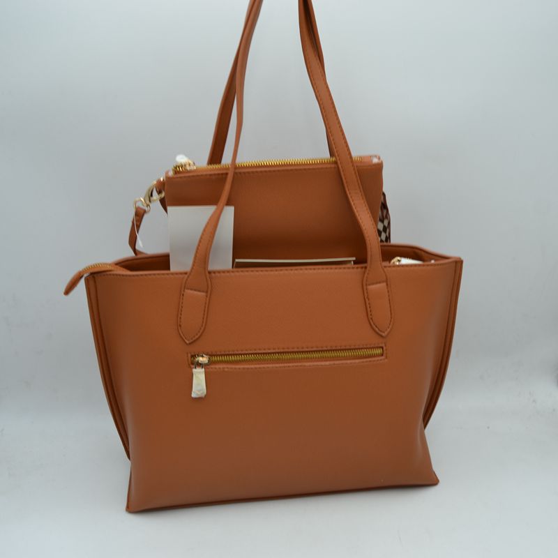 Structured Shoulder Tote Bag with Matching Pouch and Scarf - Taupe - Tote Bag