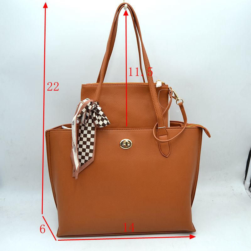 Structured Shoulder Tote Bag with Matching Pouch and Scarf - Taupe - Tote Bag