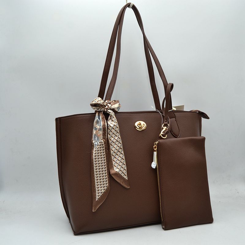 Structured Shoulder Tote Bag with Matching Pouch and Scarf - Taupe - Tote Bag