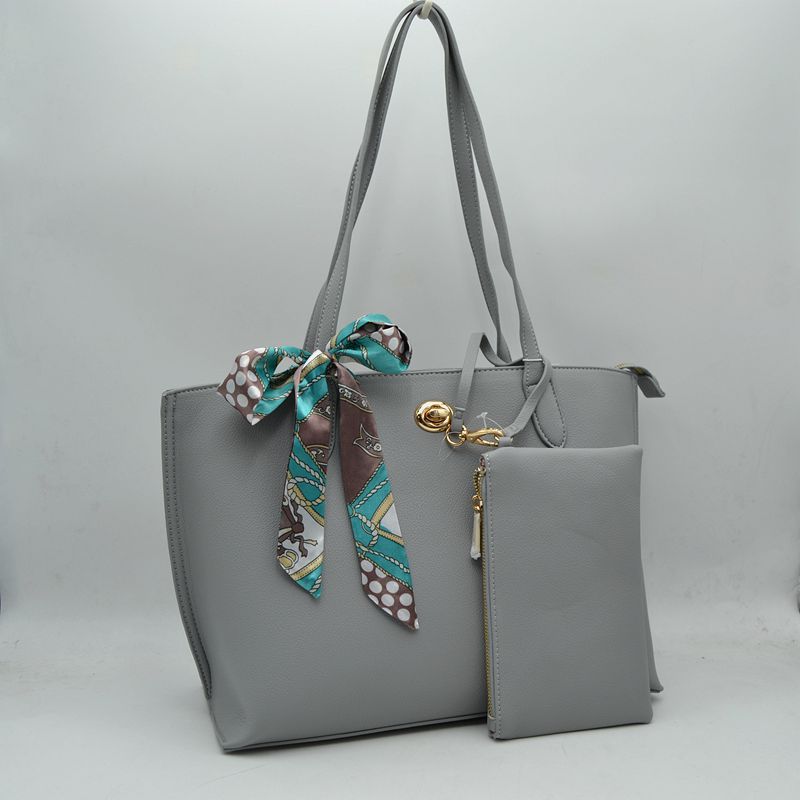 Structured Shoulder Tote Bag with Matching Pouch and Scarf - Taupe - Tote Bag