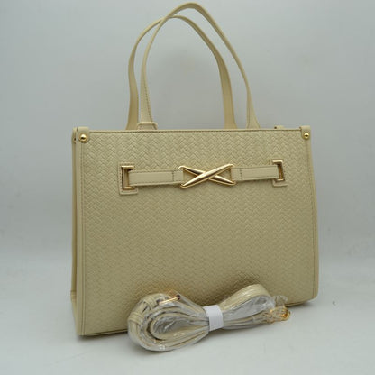 Woven Tote Bag with Decorative Gold Buckle and Crossbody Strap - Beige - Tote Bag
