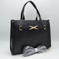 Woven Tote Bag with Decorative Gold Buckle and Crossbody Strap - Black - Tote Bag