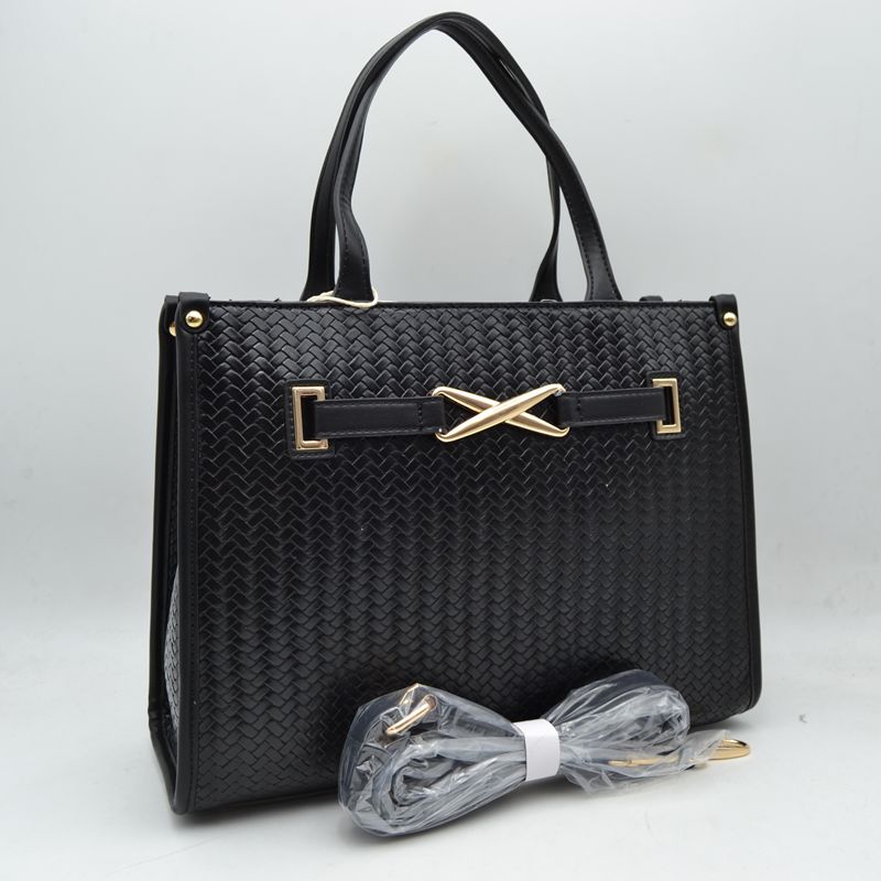 Woven Tote Bag with Decorative Gold Buckle and Crossbody Strap - Black - Tote Bag