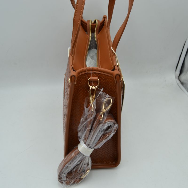 Woven Tote Bag with Decorative Gold Buckle and Crossbody Strap - Tote Bag